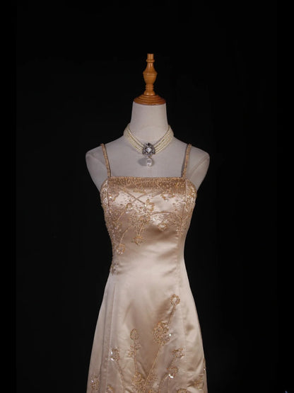 Elegantes Ballkleid im Stil der 1950er Jahre, Meerjungfrauen-Schnitt, Spaghettiträger, Champagnerfarben, mit Perlenbesatz, langes Partykleid, Abendkleid AS241