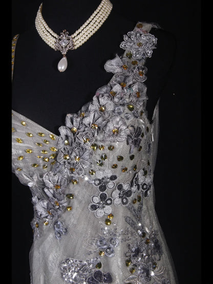 Robe de bal élégante années 1950, sirène, bretelles spaghetti, dentelle gris argenté ornée de perles, robe de soirée longue AS242
