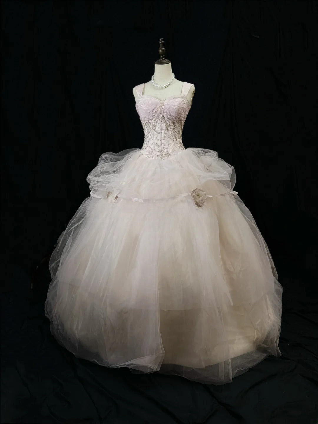 Pretty Ball Gown Straps White Pink Tulle With Beading Long 15 Quinceanera Dresses Photo Ideas Formal Outfit RB6098