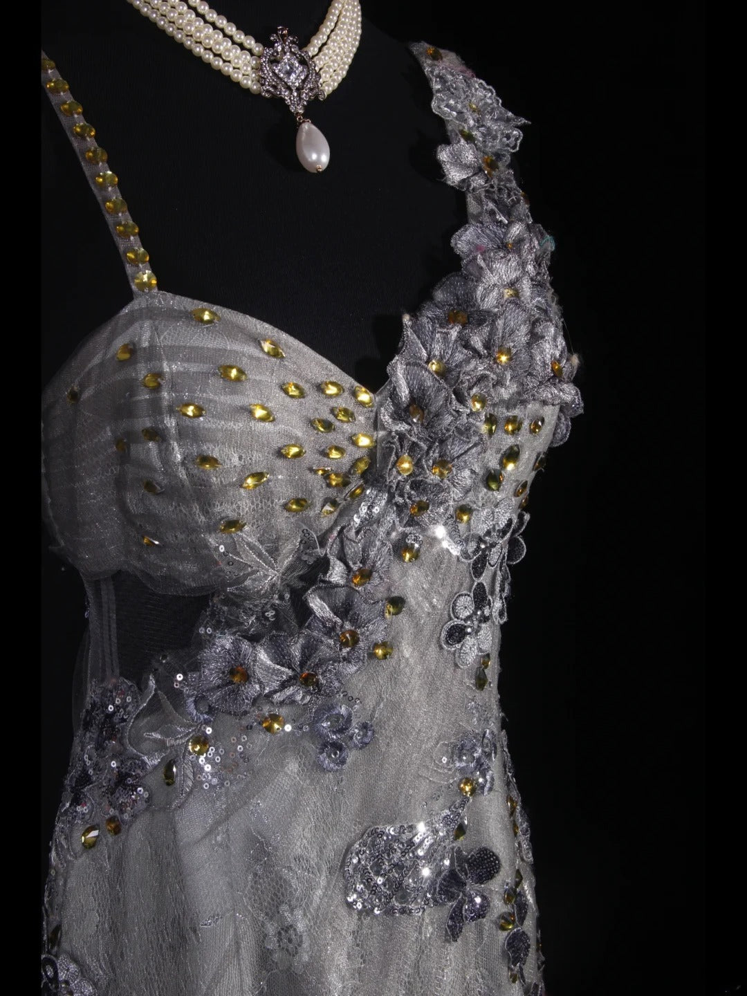 Robe de bal élégante années 1950, sirène, bretelles spaghetti, dentelle gris argenté ornée de perles, robe de soirée longue AS242