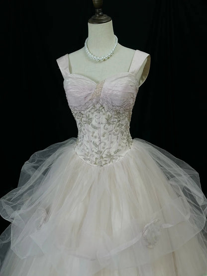 Pretty Ball Gown Straps White Pink Tulle With Beading Long 15 Quinceanera Dresses Photo Ideas Formal Outfit RB6098