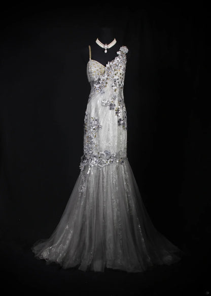 Robe de bal élégante années 1950, sirène, bretelles spaghetti, dentelle gris argenté ornée de perles, robe de soirée longue AS242