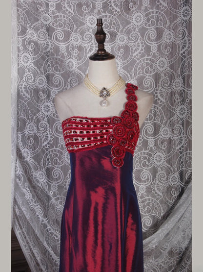 Elegantes Ballkleid im Stil der 1950er Jahre, Meerjungfrauen-Stil, schulterfrei, floral, burgunderrot, weinrot, langes Partykleid, Abendkleid AS243