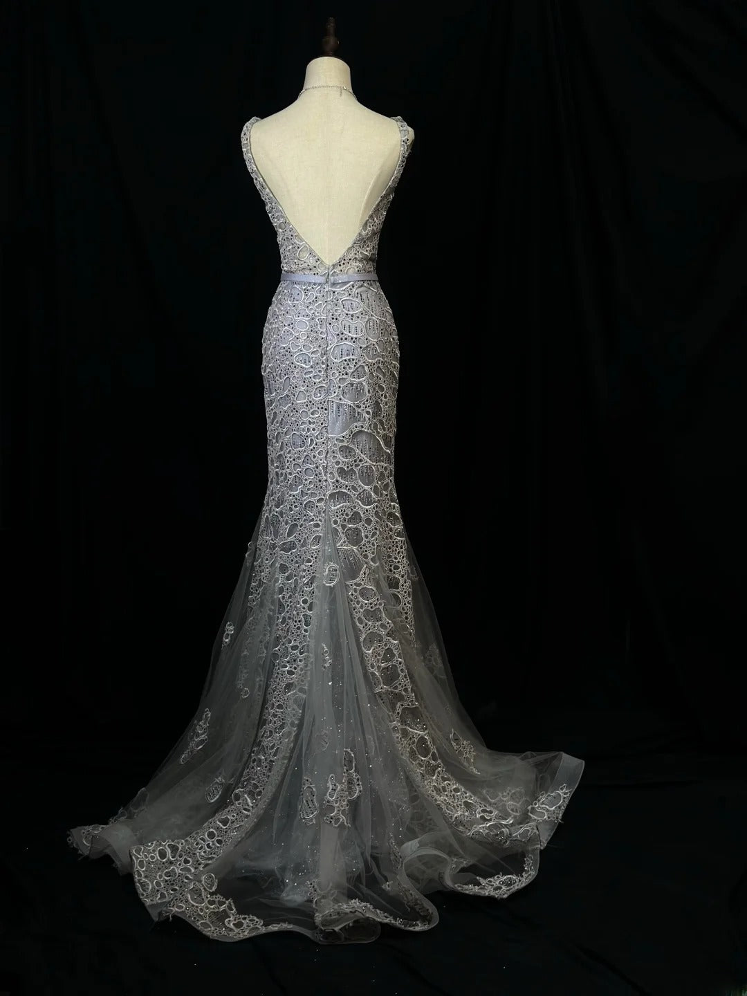 Vintage 90s Prom Dresses Mermaid V Neckline Gray Tulle Lace Long Party Gown Formal Outfits RB6095