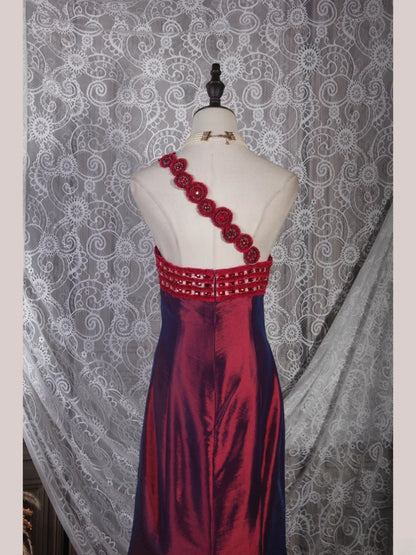 Elegantes Ballkleid im Stil der 1950er Jahre, Meerjungfrauen-Stil, schulterfrei, floral, burgunderrot, weinrot, langes Partykleid, Abendkleid AS243