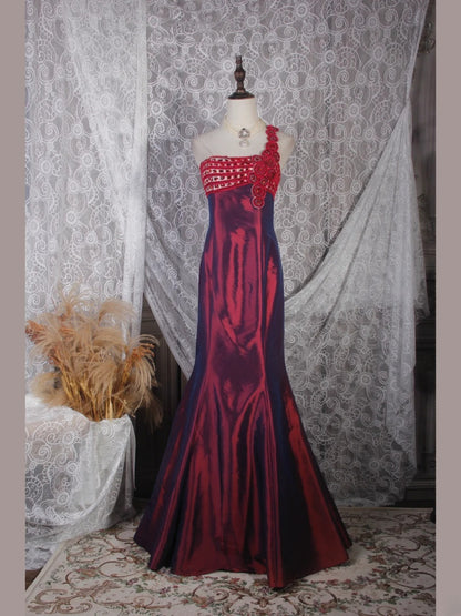 Elegantes Ballkleid im Stil der 1950er Jahre, Meerjungfrauen-Stil, schulterfrei, floral, burgunderrot, weinrot, langes Partykleid, Abendkleid AS243