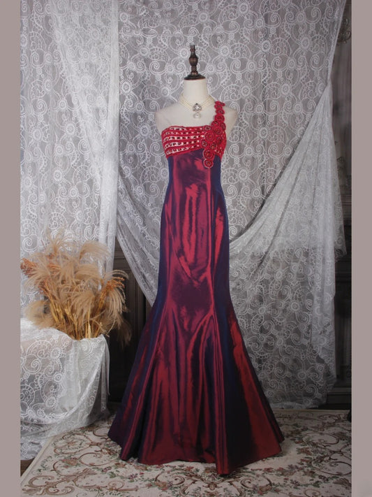 Elegantes Ballkleid im Stil der 1950er Jahre, Meerjungfrauen-Stil, schulterfrei, floral, burgunderrot, weinrot, langes Partykleid, Abendkleid AS243