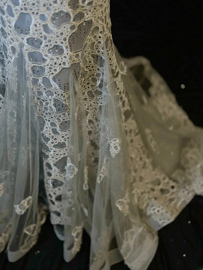 Vintage 90s Prom Dresses Mermaid V Neckline Gray Tulle Lace Long Party Gown Formal Outfits RB6095