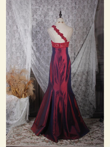 Elegantes Ballkleid im Stil der 1950er Jahre, Meerjungfrauen-Stil, schulterfrei, floral, burgunderrot, weinrot, langes Partykleid, Abendkleid AS243