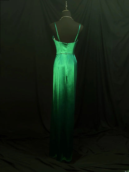 Simple Prom Dresses Mermaid Spaghetti Strap Green With Slit Long Formal Outfits RB6096