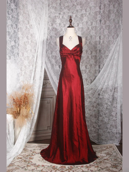 Vintage A-Linien-Kleid mit herzförmigem Ausschnitt, burgunderrot, Satin, langes, formelles Kleid im Stil der 1950er Jahre, Ballkleid, Abendkleid, Partykleid AS245