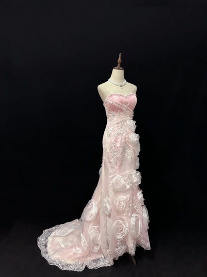 Beautiful Mermaid Sweetheart Pink With 3D Flowers Long Prom Dress Formal Outfits Evening Night Dresses RB7645
