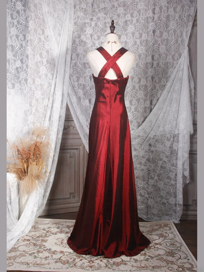 Vintage A-Linien-Kleid mit herzförmigem Ausschnitt, burgunderrot, Satin, langes, formelles Kleid im Stil der 1950er Jahre, Ballkleid, Abendkleid, Partykleid AS245