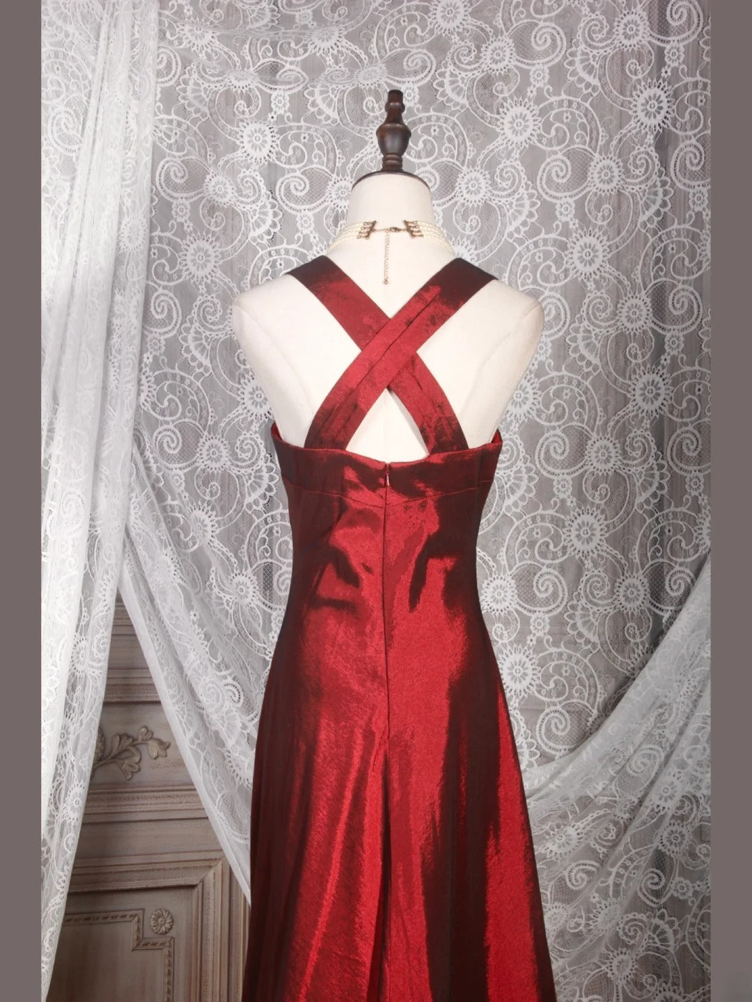 Vintage A-Linien-Kleid mit herzförmigem Ausschnitt, burgunderrot, Satin, langes, formelles Kleid im Stil der 1950er Jahre, Ballkleid, Abendkleid, Partykleid AS245