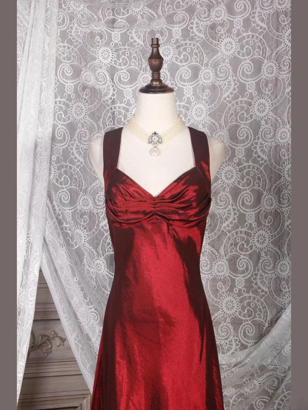 Vintage A-Linien-Kleid mit herzförmigem Ausschnitt, burgunderrot, Satin, langes, formelles Kleid im Stil der 1950er Jahre, Ballkleid, Abendkleid, Partykleid AS245
