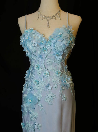 Modest Prom Dresses Mermaid Spaghetti Strap Light Sky Blue High Low With Appliqued Formal Outfits RB6097