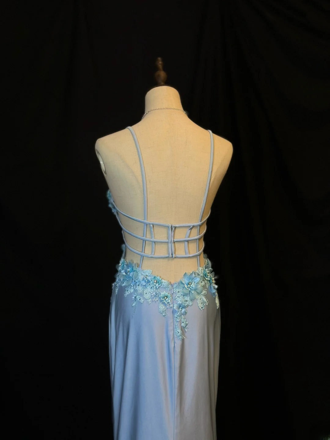 Modest Prom Dresses Mermaid Spaghetti Strap Light Sky Blue High Low With Appliqued Formal Outfits RB6097