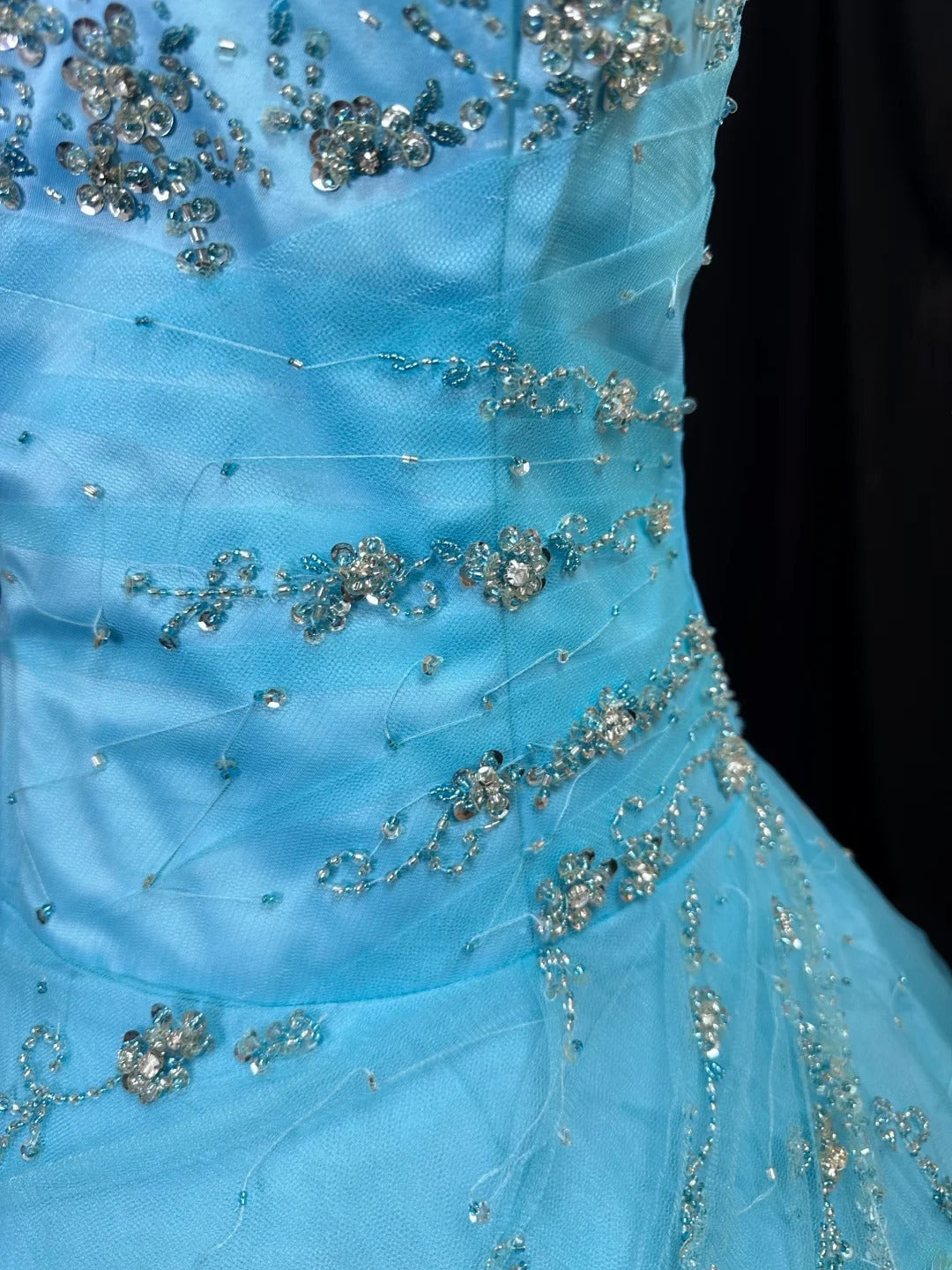 Pretty Ball Gown Spaghetti Strap Blue Tulle With Beading Corset Fitted Long 15 Quinceanera Dresses Photo Ideas Formal Outfit RB6099