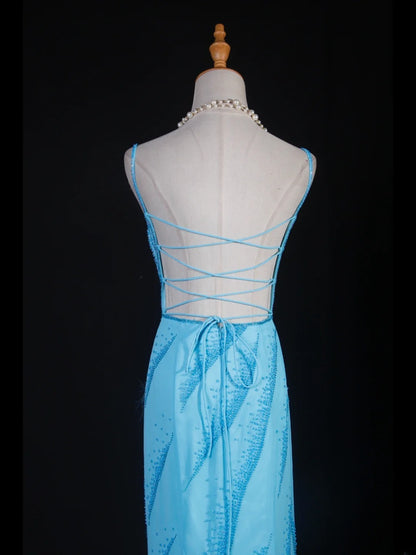 Vintage Meerjungfrauenkleid aus den 50er Jahren, hellblaues Chiffonkleid mit Spaghettiträgern, rückenfrei, langes Partykleid, Abendkleid AS247