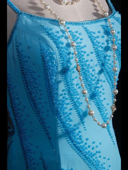 Vintage Meerjungfrauenkleid aus den 50er Jahren, hellblaues Chiffonkleid mit Spaghettiträgern, rückenfrei, langes Partykleid, Abendkleid AS247