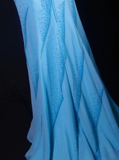 Vintage Meerjungfrauenkleid aus den 50er Jahren, hellblaues Chiffonkleid mit Spaghettiträgern, rückenfrei, langes Partykleid, Abendkleid AS247