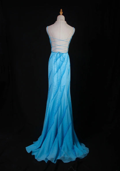 Vintage Meerjungfrauenkleid aus den 50er Jahren, hellblaues Chiffonkleid mit Spaghettiträgern, rückenfrei, langes Partykleid, Abendkleid AS247