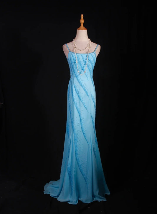 Vintage Meerjungfrauenkleid aus den 50er Jahren, hellblaues Chiffonkleid mit Spaghettiträgern, rückenfrei, langes Partykleid, Abendkleid AS247