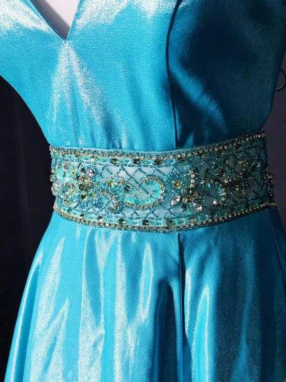 Beautiful Prom Dresses A Line V Neckline Blue Satin With Backless Beading Long Formal Outfits RB6101