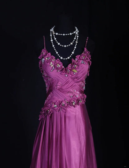 Robe de bal élégante années 1950, coupe trapèze, bretelles spaghetti, tulle couleur raisin, robe de soirée longue AS249