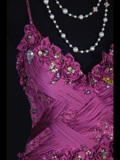 Robe de bal élégante années 1950, coupe trapèze, bretelles spaghetti, tulle couleur raisin, robe de soirée longue AS249