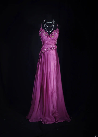 Robe de bal élégante années 1950, coupe trapèze, bretelles spaghetti, tulle couleur raisin, robe de soirée longue AS249