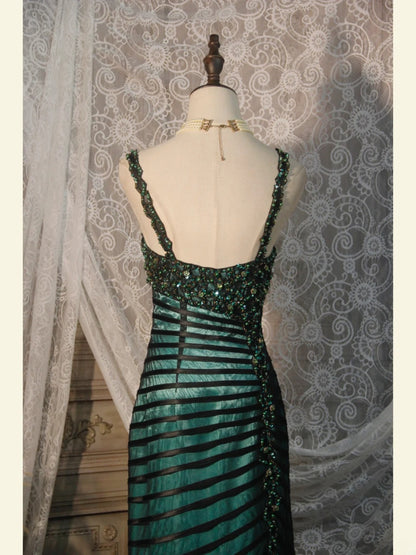 Elegantes Ballkleid im Stil der 1950er Jahre, Meerjungfrauen-Schnitt, Spaghettiträger, dunkelgrüner Tüll, langes Partykleid, Abendkleid AS250