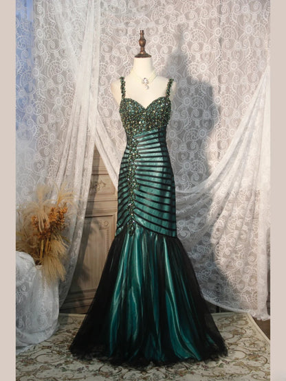 Elegantes Ballkleid im Stil der 1950er Jahre, Meerjungfrauen-Schnitt, Spaghettiträger, dunkelgrüner Tüll, langes Partykleid, Abendkleid AS250
