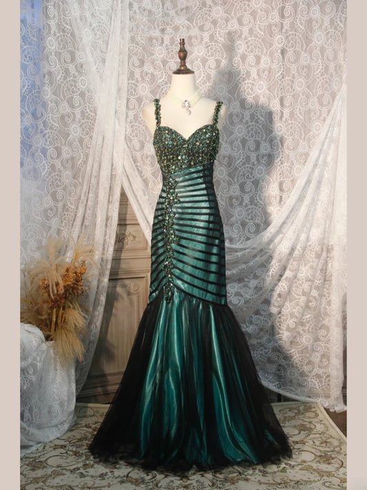 Elegantes Ballkleid im Stil der 1950er Jahre, Meerjungfrauen-Schnitt, Spaghettiträger, dunkelgrüner Tüll, langes Partykleid, Abendkleid AS250