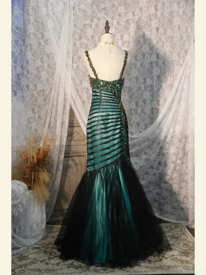 Elegantes Ballkleid im Stil der 1950er Jahre, Meerjungfrauen-Schnitt, Spaghettiträger, dunkelgrüner Tüll, langes Partykleid, Abendkleid AS250