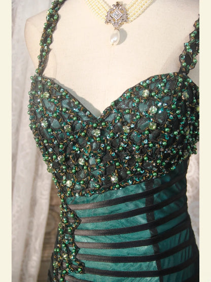 Elegantes Ballkleid im Stil der 1950er Jahre, Meerjungfrauen-Schnitt, Spaghettiträger, dunkelgrüner Tüll, langes Partykleid, Abendkleid AS250
