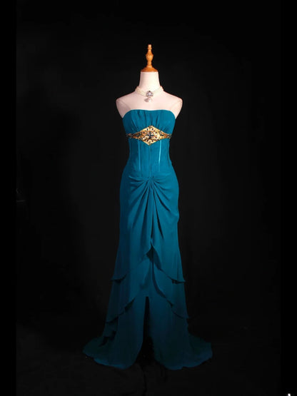 Vintage Meerjungfrauen-Kleid, trägerlos, blauer Chiffon, langes, formelles Abendkleid im Stil der 1950er Jahre, AS251