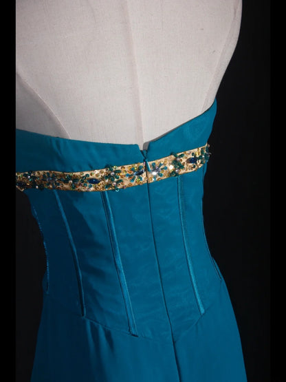 Vintage Meerjungfrauen-Kleid, trägerlos, blauer Chiffon, langes, formelles Abendkleid im Stil der 1950er Jahre, AS251