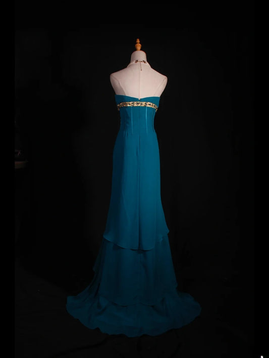 Vintage Meerjungfrauen-Kleid, trägerlos, blauer Chiffon, langes, formelles Abendkleid im Stil der 1950er Jahre, AS251