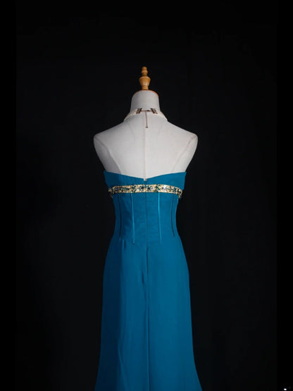 Vintage Meerjungfrauen-Kleid, trägerlos, blauer Chiffon, langes, formelles Abendkleid im Stil der 1950er Jahre, AS251
