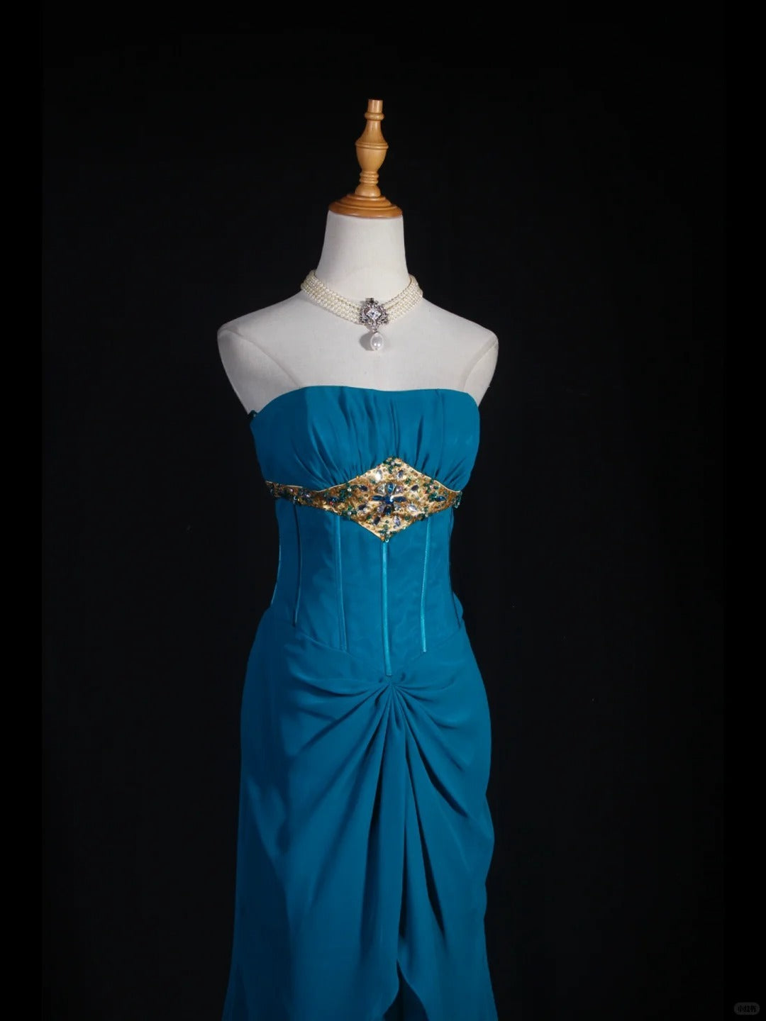 Vintage Meerjungfrauen-Kleid, trägerlos, blauer Chiffon, langes, formelles Abendkleid im Stil der 1950er Jahre, AS251