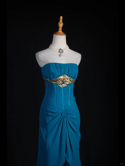 Vintage Meerjungfrauen-Kleid, trägerlos, blauer Chiffon, langes, formelles Abendkleid im Stil der 1950er Jahre, AS251