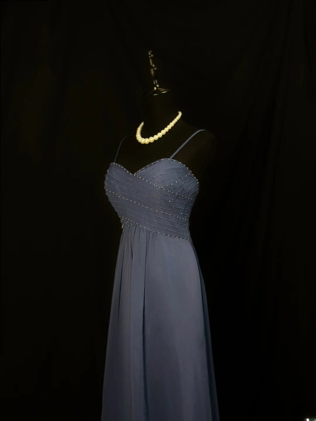Beautiful Prom Dresses A Line Spaghetti Strap Navy Blue Chiffon With Beading Long Formal Outfits RB6103