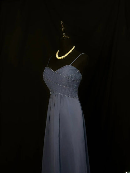 Beautiful Prom Dresses A Line Spaghetti Strap Navy Blue Chiffon With Beading Long Formal Outfits RB6103