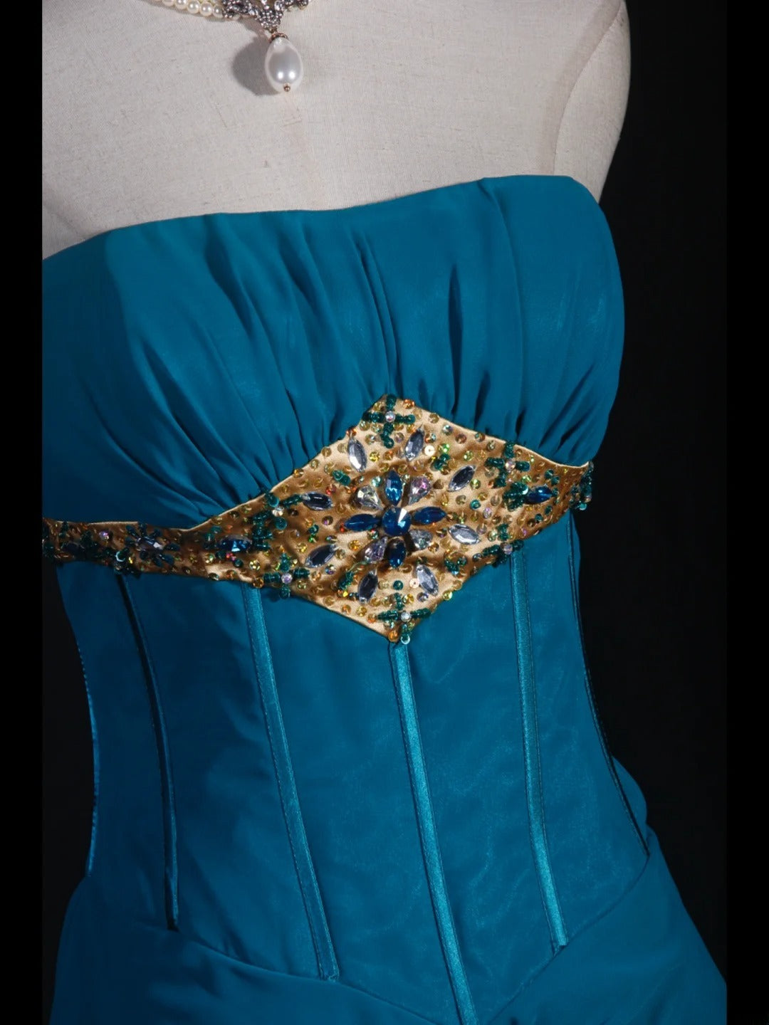 Vintage Meerjungfrauen-Kleid, trägerlos, blauer Chiffon, langes, formelles Abendkleid im Stil der 1950er Jahre, AS251