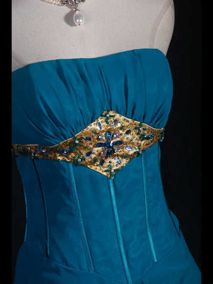 Vintage Meerjungfrauen-Kleid, trägerlos, blauer Chiffon, langes, formelles Abendkleid im Stil der 1950er Jahre, AS251