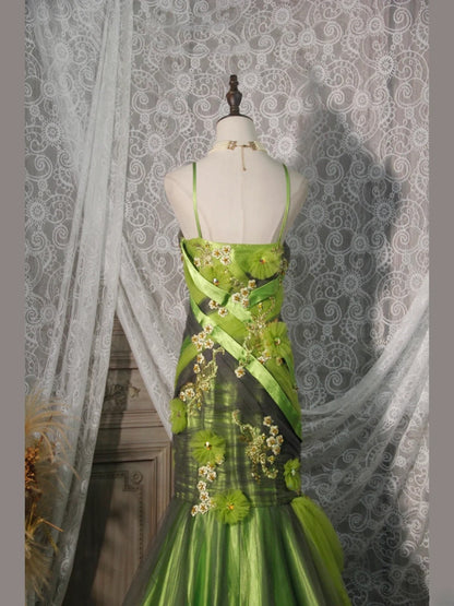 Elegantes Ballkleid im Stil der 1950er Jahre, Meerjungfrauenstil mit Spaghettiträgern, grünes Tüllkleid, langes Partykleid, Abendkleid AS252