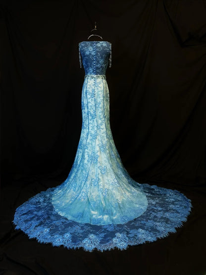 Vintage 90s Prom Dresses Mermaid V Neckline Blue Lace With Beading Party Gown Formal Outfits RB6104