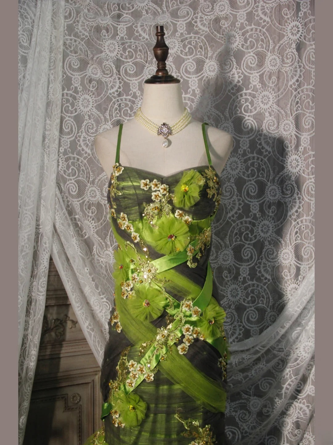 Elegantes Ballkleid im Stil der 1950er Jahre, Meerjungfrauenstil mit Spaghettiträgern, grünes Tüllkleid, langes Partykleid, Abendkleid AS252