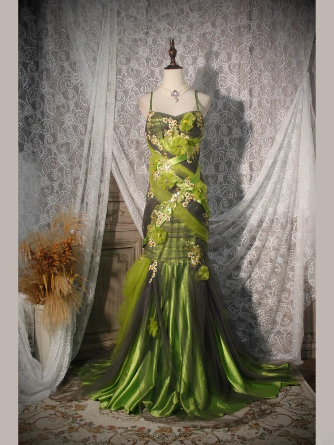 Elegantes Ballkleid im Stil der 1950er Jahre, Meerjungfrauenstil mit Spaghettiträgern, grünes Tüllkleid, langes Partykleid, Abendkleid AS252